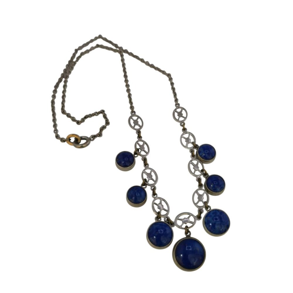 Antique Art Deco Signed Germany Lapis Blue/Glass Dangle Necklace (A9126)